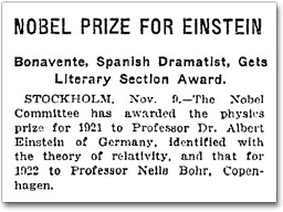 New York Times 10 nov 1922 - Nobel Prize for Einstein