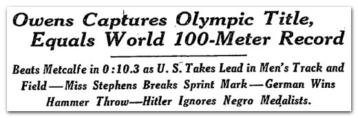 Owens Captures Olympic Title -- Hitler Ignores Negro Medalists